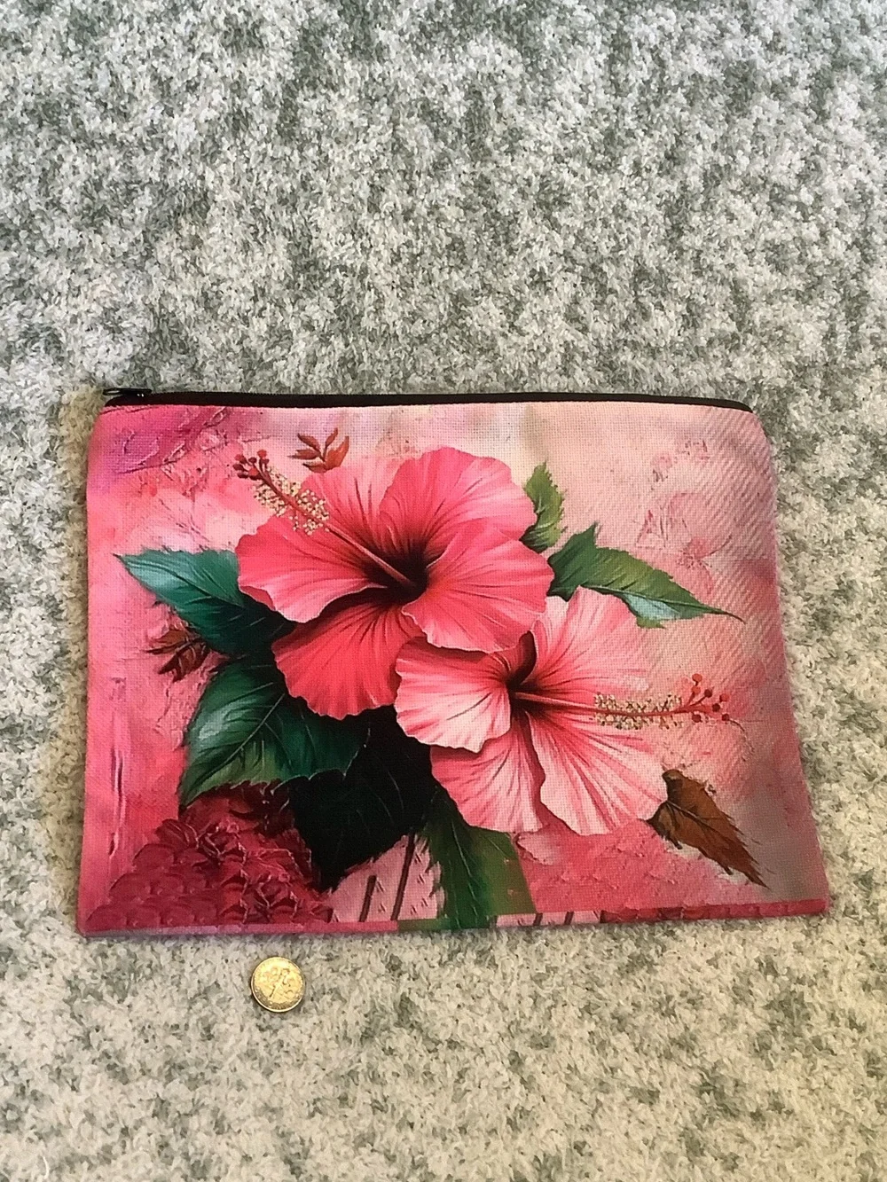 Hot Pink Tropical Floral Cosmetic Bag Canvas Pouch with Hibiscus Print NWT 10x7.